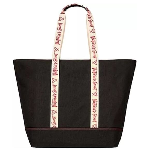 Victoria's Secret Logo Black Canvas Signature Large Beach Tote Shop Bag Shoulder - Picture 1 of 5